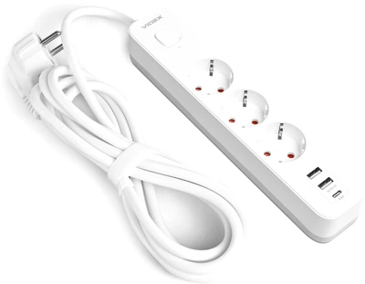 Мережевий подовжувач VIDEX ONCORD з/з 3п 3м (3x1.5мм) 2.4А 2USB+USB-C з кнопкою White (VF-PD33G2U1C-W)