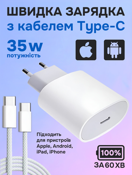 Швидка зарядка 35W для айфона андроіда айпада type c комплект мережевий зарядний пристрій Foxconn білий на айфон айпад блок швидкої зарядки та плетений кабель тайп сі для Apple Android iPad iPhone 15 16 Pro Max Plus блочок і шнур до айфону тайп сі 35 ват