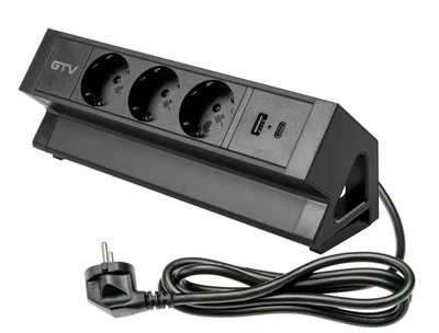 Удлинитель настольный розетка GTV BASCO с креплением, 3 вилки, USB A+C, кабель 1,5m, черный