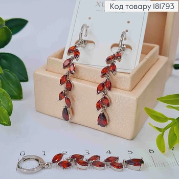 Сережки родовані кільця (1,1см) з підвісною Гілочкою з Червоних камінців, довж. 4,3см, Xuping