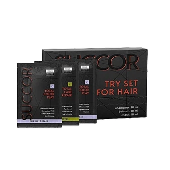 Набір пробників для догляду за фарбованим волоссям - Succor Total Color Play Mini Set (sham/10ml + h/mask/10ml + h/balm/10ml) (1435541-25639067)
