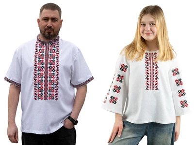 Семейные вышиванки для папы и дочки Оберег льняные парные с коротким рукавом 58218020411 лен мужская (L)96-100 для девочки 122см белые (58215050411122)