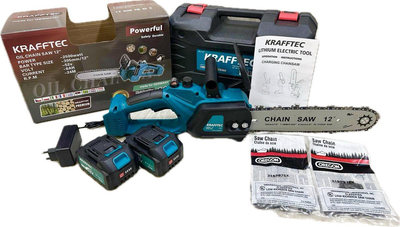 Аккумуляторная цепная мини пила в кейсе Krafftec KT/BCHS 52В 6Ач шина 30 см с автоматической смазкой и индикатором заряда, безщеточная + 3 цепи Германия (457778)