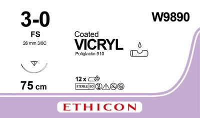 Вікрил непофарбований Ethicon LLC 75 см M2 USP3/0 одна голка FS Тип зворотньо-ріжуча Reverse Cutting 26 мм 3/8 кола (W9890) (30705031130740)