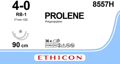 Пролен Ethicon LLC синий 90 см M1.5 USP4/0 две иглы RB-1 Тип колющий Taper Point 17 мм 1/2 круга (8557H) (30705031017065)
