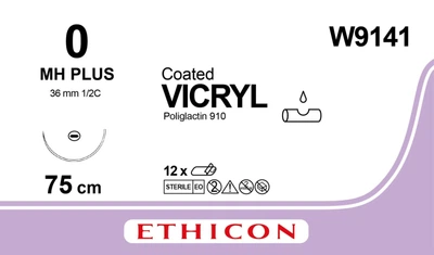 Викрил Ethicon LLC фиолетовый 75 см M3.5 USP0 одна игла MH Plus Тип колющий Taper Point 36 мм 1/2 круга (W9141) (30705031129133)