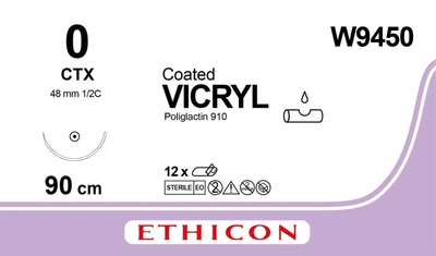 Викрил Ethicon LLC фиолетовый 90 см M3.5 USP0 одна игла CTX Тип колющий Taper Point 48 мм 1/2 круга (W9450) (30705031082759)
