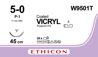 Викрил Ethicon LLC неокрашенный 45 см M1 USP5/0 одна игла P-1 Prime Тип обратнорежущий Reverse Cutting 11 мм 3/8 круга (W9501T) (30705031082797)