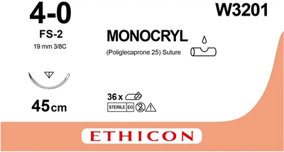 Монокрил неокрашенный Ethicon LLC 45 см M1.5 USP4/0 одна игла FS-2 Тип обратнорежущий Reverse Cutting 19 мм 3/8 круга (30705031126323)