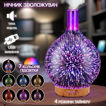 Ультразвуковий зволожувач повітря-нічник Air Purifier 3D з аромадифузором на 7 кольорів, USB