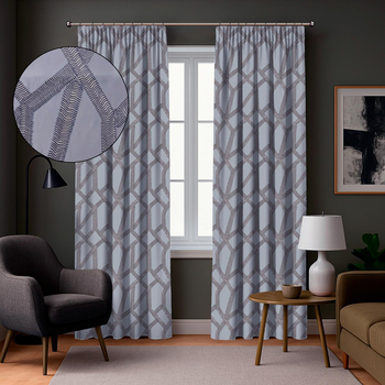 Штора жакардова Soft 250×270 см сіра з абстрактною вишивкою для спальні та вітальні