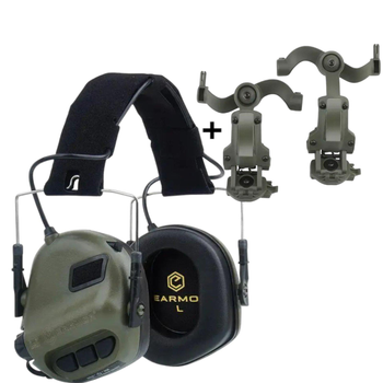 Активные тактические наушники EARMOR M31 MOD3 защитные с шумоподавлением + крепление чебурашки на военный шлем каску олива