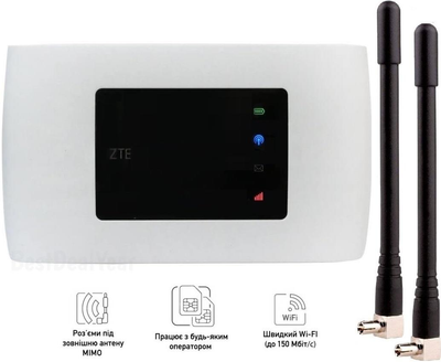 Комплект 4G LTE WiFi мобильный интернет роутер ZTE MF920U - W | Два выхода под антенну | Аккумулятор 2000 мАч |2 антенны 5 dB | Киевстар, Vodafone, Lifecell