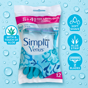 Одноразові бритви Gillette Simply Venus 12 шт (8+4) жіночі станки з алое для гладкого гоління