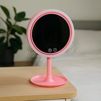 Настільне косметичне дзеркало Beauty Breeze Mirror з LED підсвічуванням, вентилятором і збільшенням 5х, кругле дзеркало для макіяжу з живленням від USB та додатковим збільшенням Рожеве LY-699-Pink