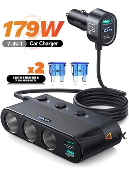 Разветвитель прикуривателя автомобиля 3 гнезда с USB-C PD30W + 3 x USB-A с кабелем 1м с выключателем с вольтметром Joyroom 179W QC3.0 + PD30W 7in1