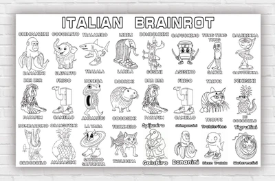 Бумажный плакат - раскраска "Italian Brainrot. Итальянский брейнрот" 120х75см