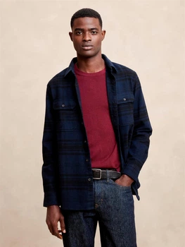 Рубашка мужская фланелевая теплая Banana Republic M, Charcoal Grey Heather (Темно-синяя в клетку) 500128313070