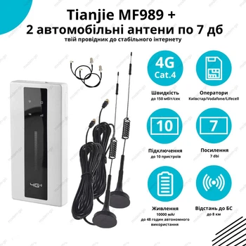Автомобільний 4G інтернет комплект роутер Tianjie MF989 10000 мАг та MIMO антени на магнітах