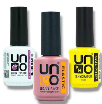 Набір 3в1 UNO Топ Super Shine, База Elastic, Дегідратор Nail Prep 15 мл