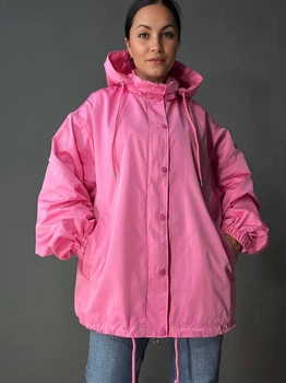 Куртка женская Lady Yep 9096-1 оверсайз ветровка удлиненная с капюшоном one size розовая