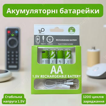 Батарейки акумуляторні Smartoools AА пальчикові акумулятори з роз'ємом USB Type-C 1,5V 2600mWh 1700mAh 4 шт. літій-іонний акумулятор перезарядний багаторазовий