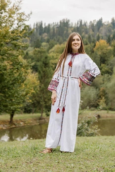 Жіноча довга вишита сукня Etnovyshyvka "Гуцульська Радість" білого кольору з кольоровою гладдю XS