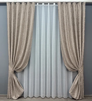 Комплект штор VR-Textil Льон Мармур 150х270 2шт і Тюль 400х270 1717ш-1276т Сіро-бежевий з білим 71-013/3