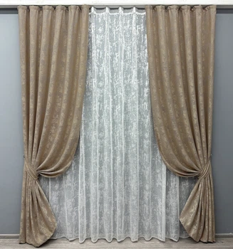 Комплект штор VR-Textil Жакард Мармур 100х270 2шт і Тюль 300х270 1207ш-1400т Капучино з білим 71-005/1
