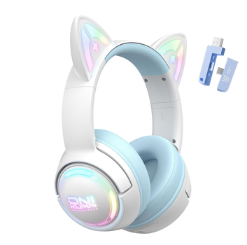 Игровые беспроводные наушники Onikuma GT838I с микрофоном | Bluetooth 5.4 + 2.4G + AUX + USB | RGB-подсветка | Для ПК, PS4, PS5, Xbox, телефона | Голубые с ушками