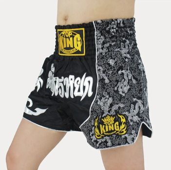 Шорти для тайського боксу TOP KING BOXING | Тренувальні Muay Thai для ММА, кікбоксингу та єдиноборств (чорний/срібний, р. XXXL(зріст 190-200 90-100 кг)