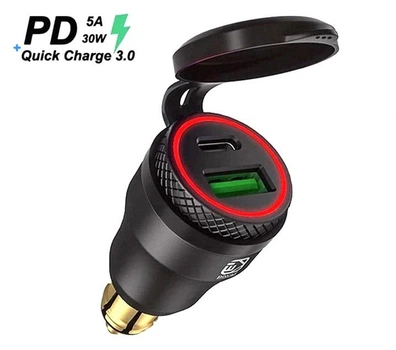 Мото зарядка USB 3.0 + PD Type-C 30W штекер роз'єм BMW DIN Hella для мотоцикла Металева red