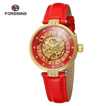 Женские часы механические Forsining Diamond Red Skeleton