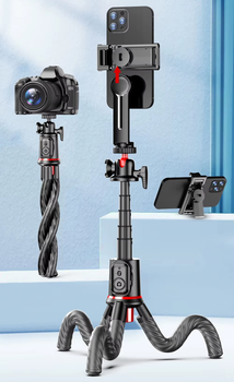 Гнучкий трипод - штатив Flexible Tripod (63,8 см max довжина) для телефону, фото, відео (екшн камери, фотоапарата з різьбою в 1.4'') / Bluetooth пульт / Восьминіг - селфі палиця з місцем для лампи-мікрофона