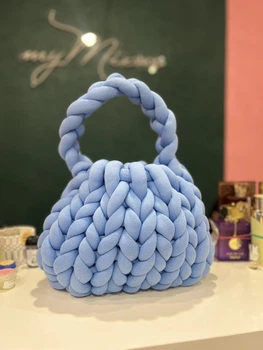 Сумка женская Marshmallow мягкая плетёная нейлоновая 25×35 см голубая (559)