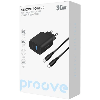 МЗП Proove Silicone Power 2 30W (Type-C+USB) + Cable Type-C to Type-C (1m) black