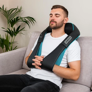 Масажер для шиї, плечей, спини та попереку роликовий з підігрівом Massager of Neck Kneading, електрична масажна накидка для розслаблення м’язів з живленням від мережі та автомобільного прикурювача DL27-Black/Blue
