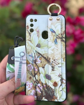 Силиконовый чехол для Samsung M30s/M21 с ремешком-подставкой и на шею Цветы на бежевом