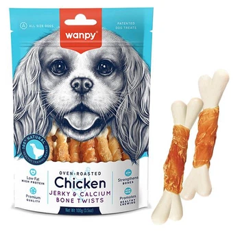 Лакомство Wanpy Chicken Jerky and Calcium Bone Twists для собак с вяленой курицей и кальцием 100 г (6927749810353)