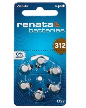 Батарейки Renata 312 PR41 PR312 ZA312- Zinc Air Mercury Free (1.45V) 6 шт для слуховых аппаратов