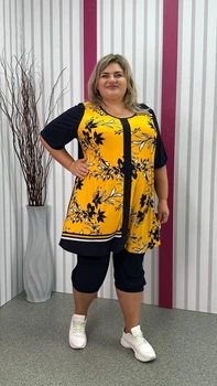 Туника свободного кроя Пара-2 большого размера 62-64 синий с желтым (1853п-3)