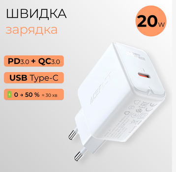 Мережевий зарядний пристрій ACEFAST A1 PD 20W USB-C White (AFA1W)