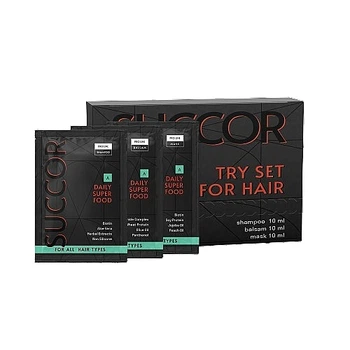 Набір пробників для щоденного догляду за волоссям - Succor Daily Superfood Mini Set (sham/10ml + h/balm/10ml + h/mask/10ml) (1434225-25903469)