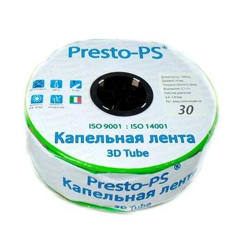 Крапельна стрічка Presto-PS эмиттерная 3D Tube крапельниці через 30 см, витрата 2.7 л/год, довжина 1000 м (3D-30-1000)