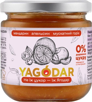 Джем YAGODAR Без цукру Мандариновий з апельсином та мускатним горіхом 210 г (4820255080086)