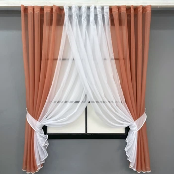 Кухонные шторки VR-Textil № 096к с подвязками коралловый с белым 400х170 см (52-1193)