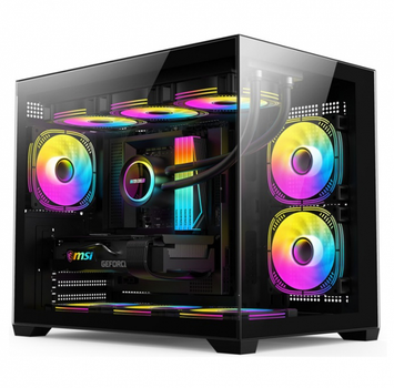 Корпус gtl Gaming "Abyss", Black, без бп, Mid Tower, Micro atx / Mini itx, 1xUSB 3.0 / 1xUSB 2.0, макс. cpu - 165 мм / vga - 400 мм, 2x120 мм argb, боковая и передняя панель из закаленного стекла (gtln285m)
