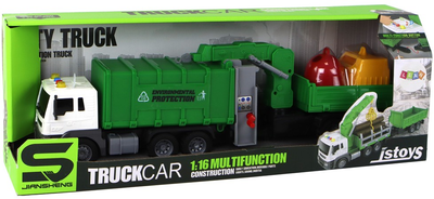 Ciężarówka śmieciarka Lean Toys z dźwigiem i przyczepą z napędem frykcyjnym i dźwiękami 1:16 Zielona (16619) (5905884452059)