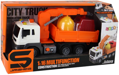 Ciężarówka śmieciarka Lean Toys z dźwigiem z napędem frykcyjnym i dźwiękami 1:16 Pomarańczowa (16616) (5905884452028)