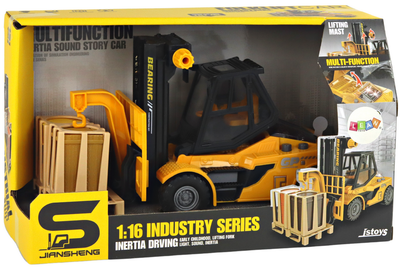 Wózek widłowy Lean Toys z ruchomymi widłami światłami i dźwiękami 1:16 Żółty (17841) (5905991006916)